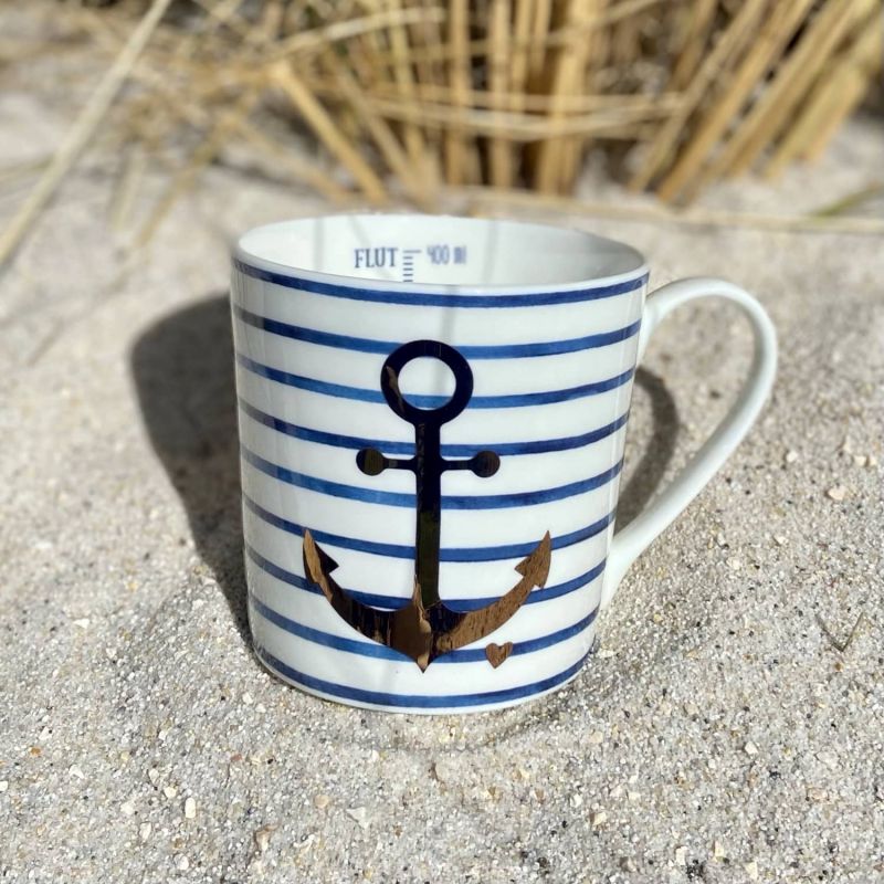 Friesisches Teehaus - Becher Indigo 'Goldener Anker' - Fine Bone China Porzellan - Strand